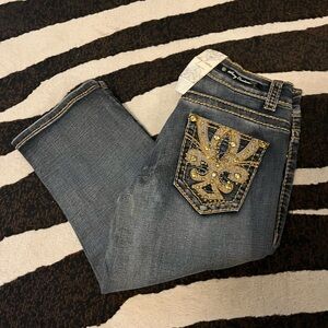 BRAND NEW Long Jean shorts (approximately knee length)$30, BEADS on back pockets